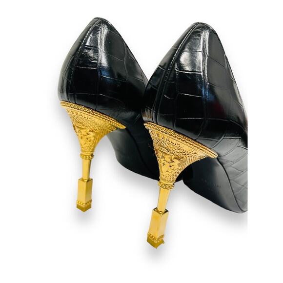 BALMAIN Black Leather Croc-Embossed MONETA Pointed Gold Heel Pumps 39 US 9 - Picture 7 of 10
